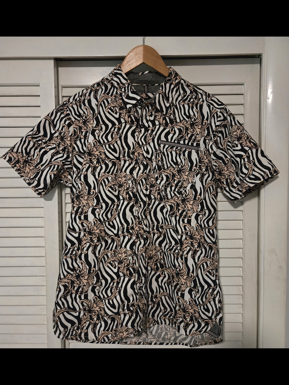 Men's Short Sleeve Black & White Zebra Print Shirt with Pink Accents